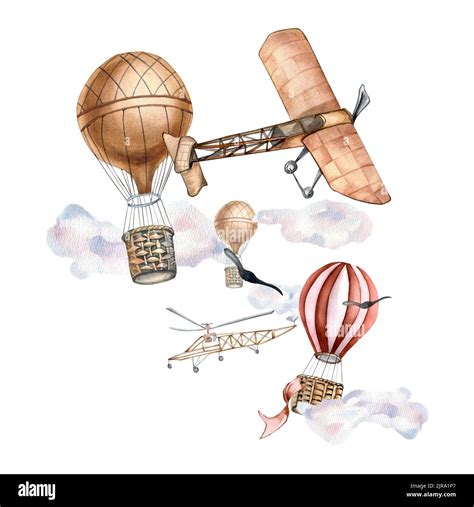 Composition Of Vintage Airplanes Watercolor Illustration Isolated On