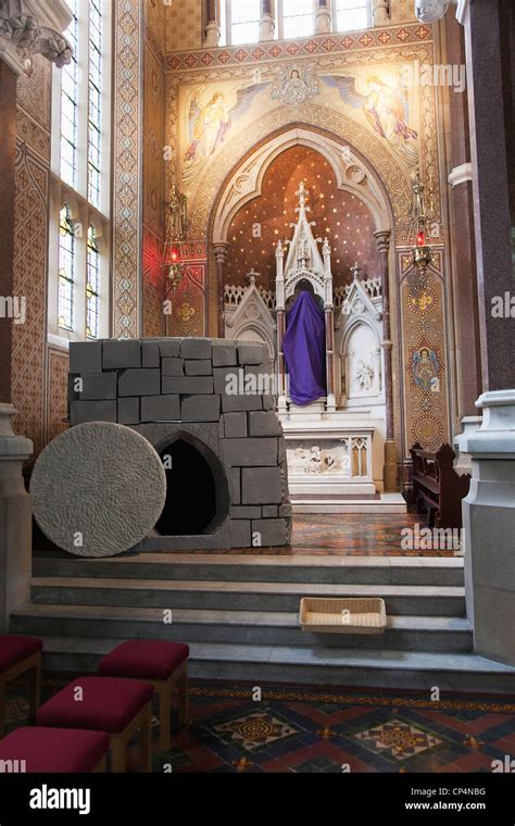 Ireland, North, Belfast, Falls Road, Clonard Monastery interior decorated for Good Friday with ...