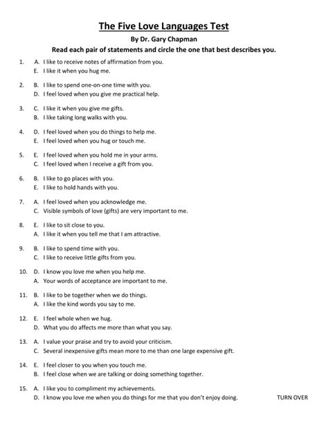 Love Language Test Worksheet