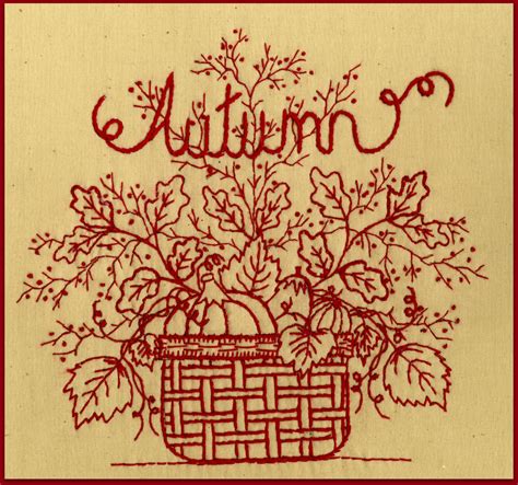 Redwork Autumn Redwork Hand Embroidery Pattern By Beth Etsy