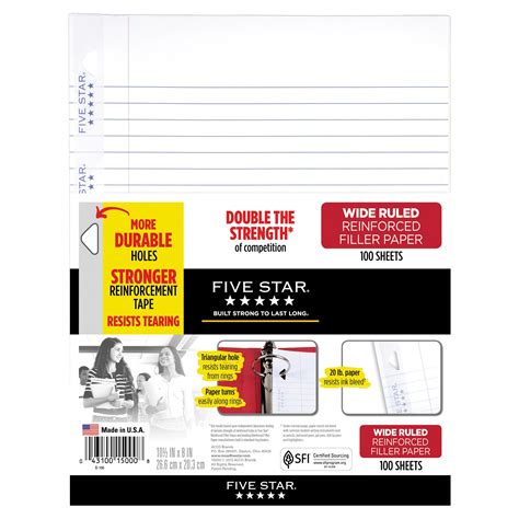 Five Star Reinforced Filler Paper Wide Ruled Loose Leaf Lined