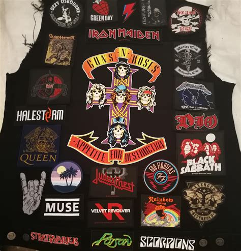 Organising my patches today for my first ever vest ️ a mix of hard rock and metal bands that I ...