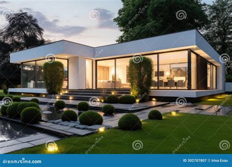 Modern House With Large Windows And Terrace Stock Image Image Of