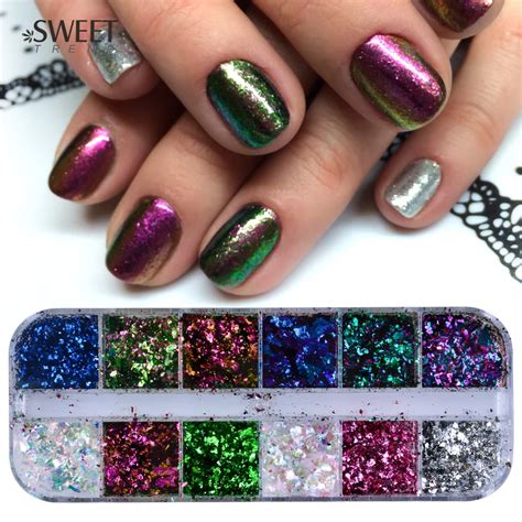 1set 12 Colors Mixed Shining Flakes Irregular Chameleon Effect Nail Glitter Powder Holographic