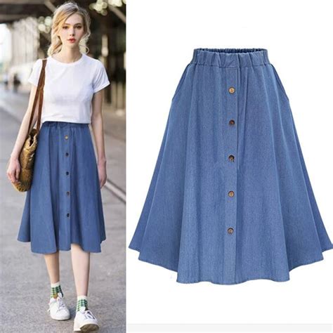 Women Summer Autumn A Line Mid Calf Skirts Elastic Buttons Casual