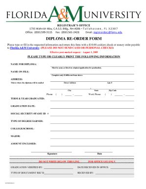 Fillable Online DIPLOMA RE ORDER FORM Florida A M University Fax