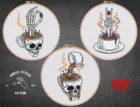 3 Coffee Time Cross Stitch Pattern Skeleton Cross Stitch Etsy