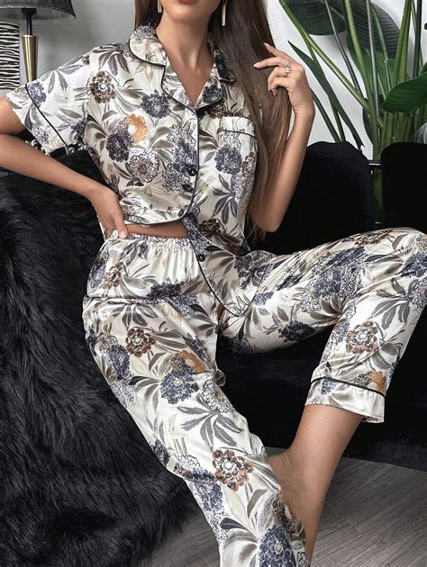 Floral Print Contrast Piping Satin PJ Set SHEIN USA