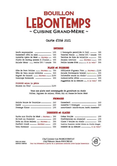 Carta Y Menù 2024 Actualizados Restaurant Bouillon Lebontemps En