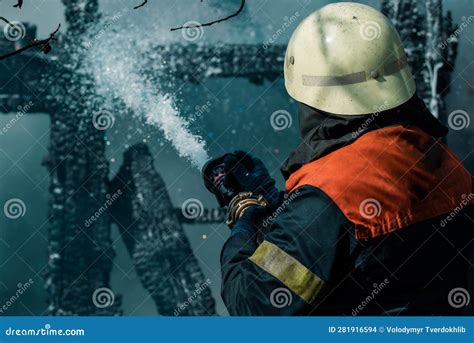 Brave Firefighter Saving Burning Building Firefighter Work Concept