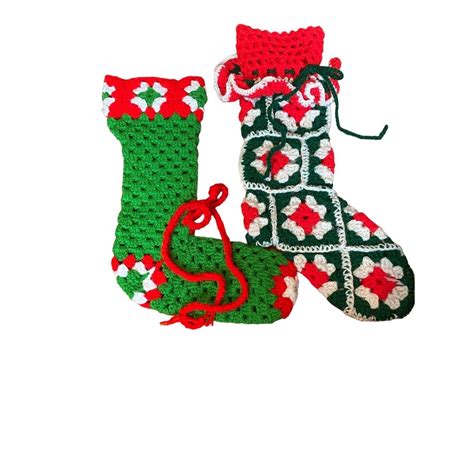 Vtg Crochet Christmas Stockings Set Of 2 1970 80 S Green Red Retro Grandma Etsy