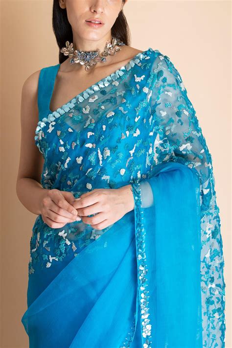 Buy Saksham Neharicka Blue Silk Organza Saree Online | Aza Fashions