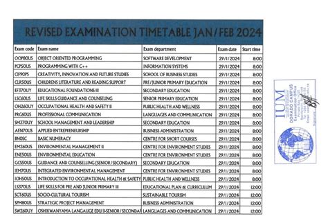 Examination Timetable For January February Supplementary