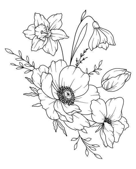 Spring Flowers Line Drawing Black And White Floral Bouquets Flower