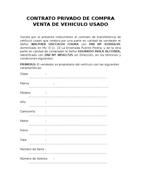 Contrato Privado De Compra Venta De Vehiculo Usado