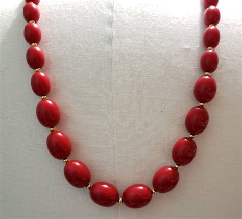 Vintage Monet Red Oval Bead And Gold Tone Necklace Heart Bracelet Chain Link Bracelet Link