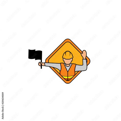 Vector Illustration Of Flagger Man Flagger Sign Flagman Ahead Road