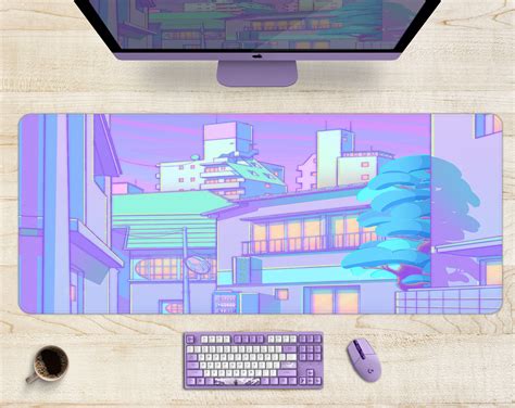 Japanese Street Pastel Desk Mat Xl Cute Kawaii Lofi Mousepad Purple