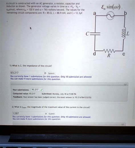 Solved Circuit Constructed With An Ac Generator Resistor Capacitor And Inductor As Shown The