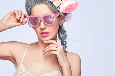 Beautiful Blonde Woman With A Cake Sweet Lady With Heart Glasses Vintage Style Fashion Photo