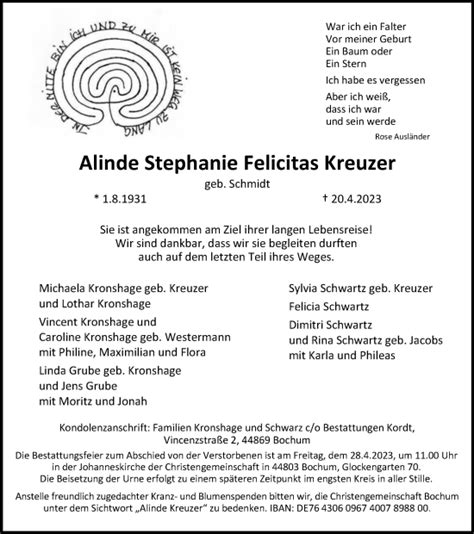 Traueranzeigen Von Alinde Stephanie Felicitas Kreuzer Trauer In Nrw De