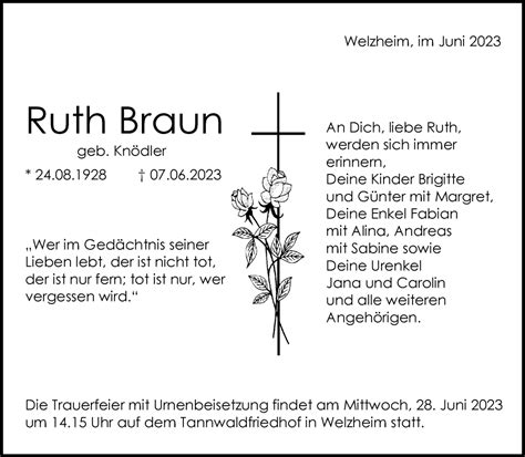 Traueranzeigen Von Ruth Braun Zvw Trauer