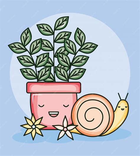 Premium Vector House Plant In Ceramic Pot With Snail Kawaii Style