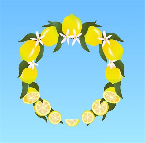 Premium Vector Lemon Wreath With Flowers And Leaves On The Blue