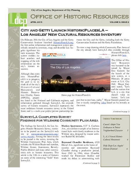 Office Of Historic Resources Newsletter Los Angeles City Planning