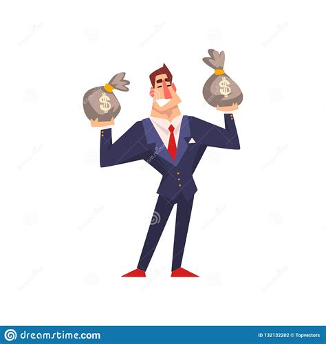 Rich Successful Businessman Character With Money Bags Cartoon Vector