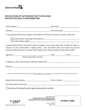 Fillable Online REVOCATION OF AUTHORIZATION TO RELEASE Fax Email