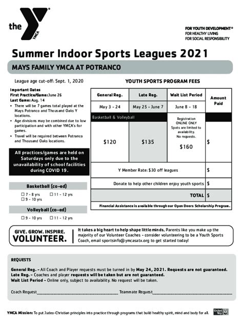 Fillable Online Summer Indoor Sports Leagues 2021 YMCA Of Greater San