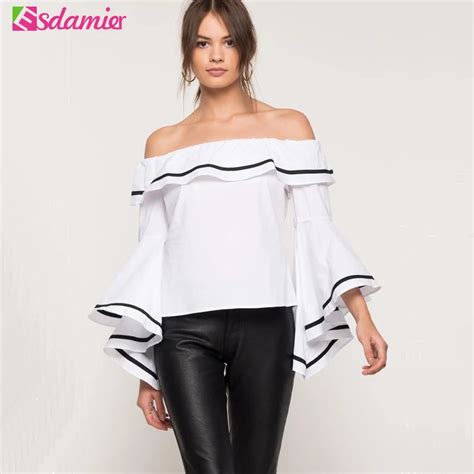 Fashion Off Shoulder Ruffle Top Flare Sleeve Women Blouses And Shirts