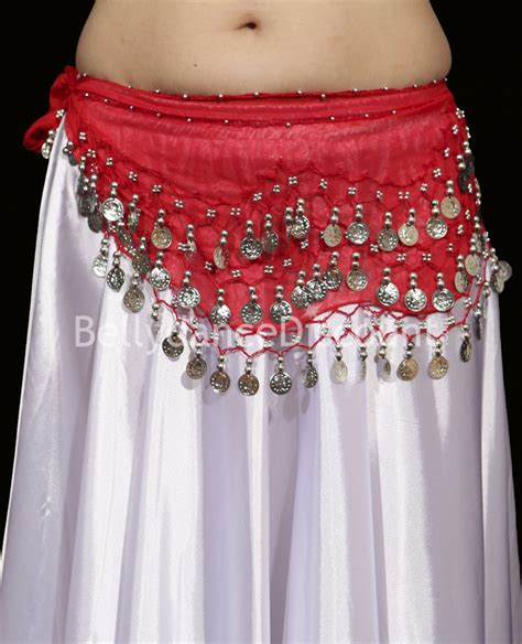 Red belly dance belt with silver coins - 4,90