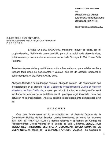 Demanda Juicio Sumario De Desahucio Ernesto Leal Navarro Vs Jannet