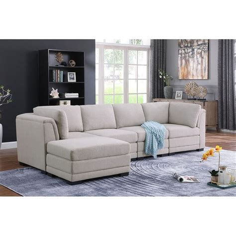 Kristin Light Gray Linen Fabric Reversible Sectional Sofa With Ottoman