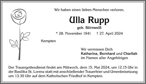 Traueranzeigen Von Ulla Rupp Allg Uer Zeitung