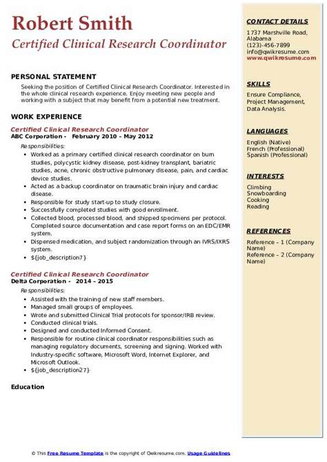 Certified Clinical Research Coordinator Resume Samples Qwikresume