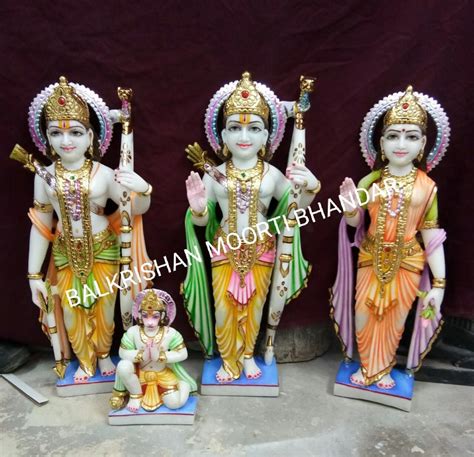 Painted Hindu White Marble Ram Darbar Statue For Worship Size 24