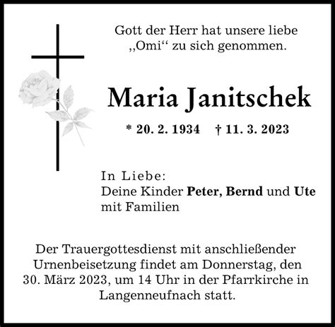 Traueranzeigen Von Maria Janitschek Augsburger Allgemeine Zeitung