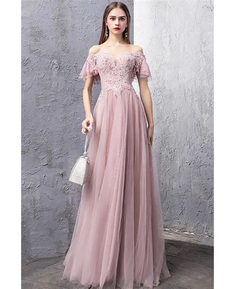 Gorgeous Off Shoulder Long Tulle Pink Prom Dress With Beading Dm69066