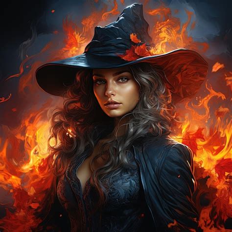 Premium Ai Image A Woman In A Witch Hat Is Standing In Front Of A Fire