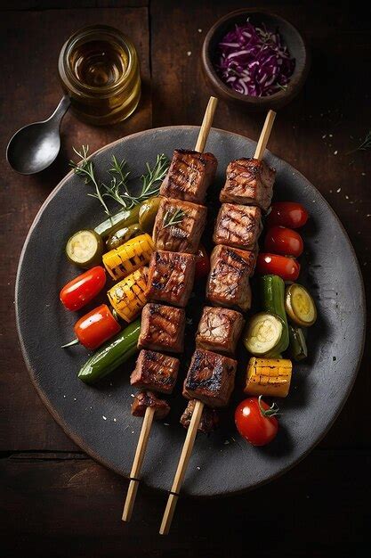 Premium Photo Grilled Meat And Vegetables On Rustic Skewers