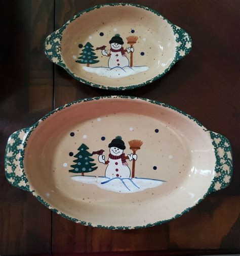 Country Snowman Stoneware Oval Casserole Set Of 2 Christmas Spongeware