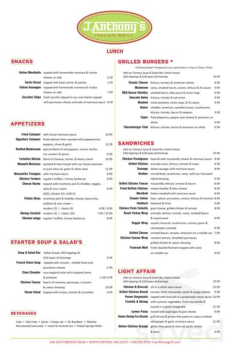 J Anthony S Italian Grill Menus In Auburn Massachusetts United States