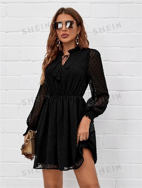 Shein Clasi Swiss Dot Tie Neck Frill Trim Dress Shein Uk