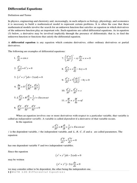 Handout 1 Basic Concepts And Elimination Of Arbitrary Constants Pdf