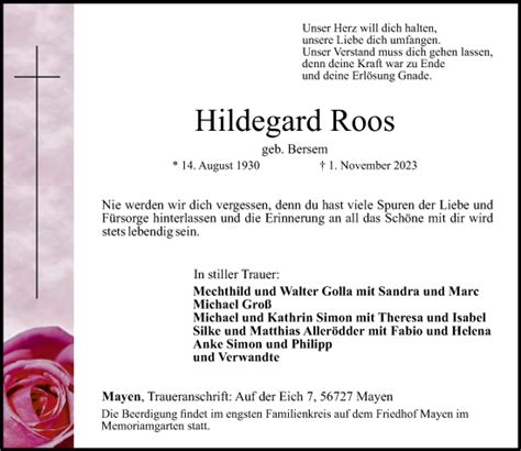 Traueranzeigen Von Hildegard Roos Rz Trauer De