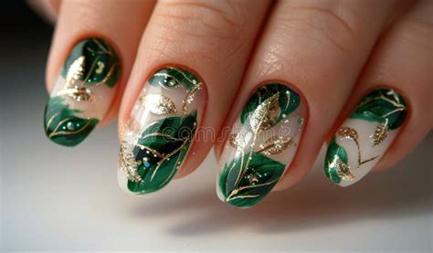 Green and Gold Floral Nail Design Stock Photo - Image of green, modern ...