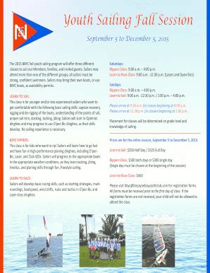 Fillable Online Youth Sailing Fall Session Biscayne Bay Yacht Club